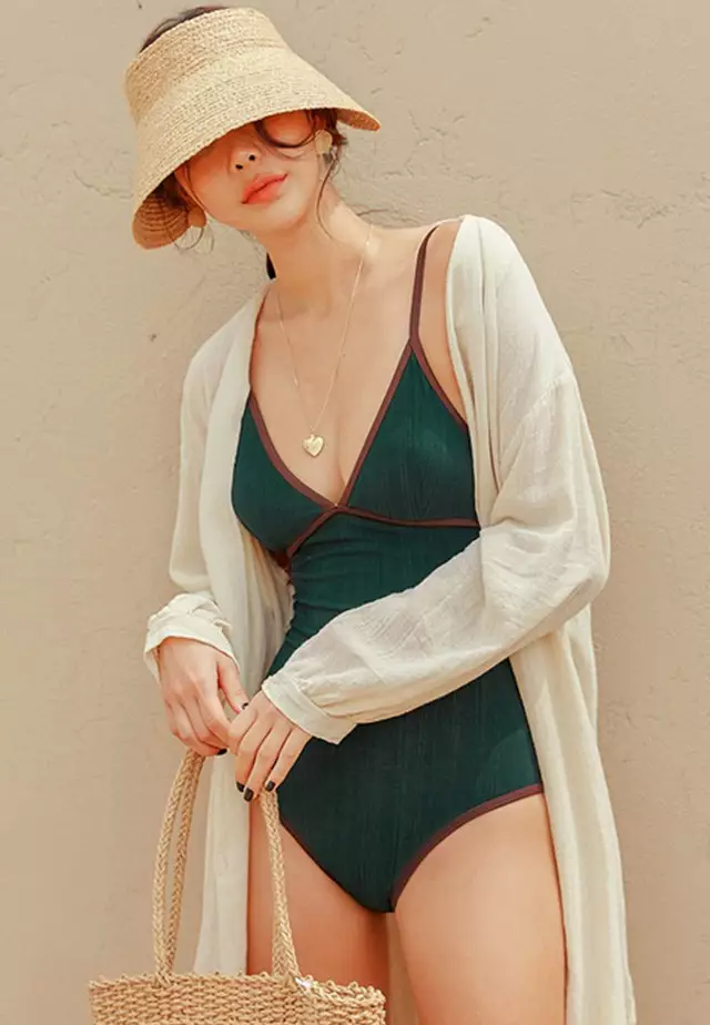 Korean Style Plain Hiden-Strips Slip One-Piece Swimsuit A21031809GR